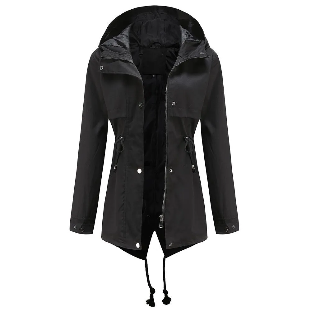 Women hoodie waist laces outdoor trench coat with pockets