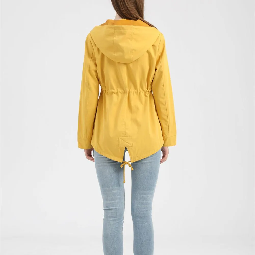Women hoodie waist laces outdoor trench coat with pockets