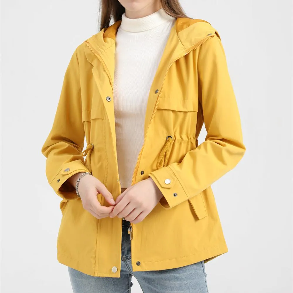 Women hoodie waist laces outdoor trench coat with pockets
