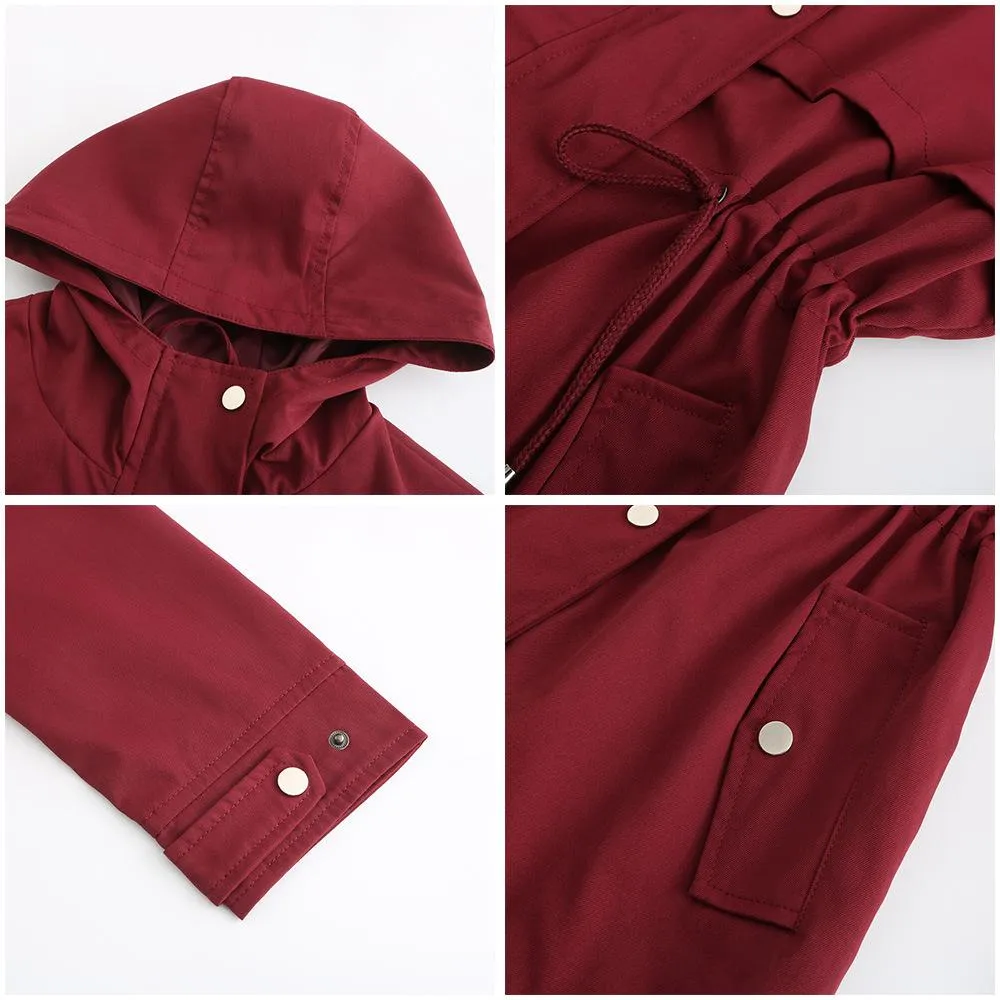 Women hoodie waist laces outdoor trench coat with pockets