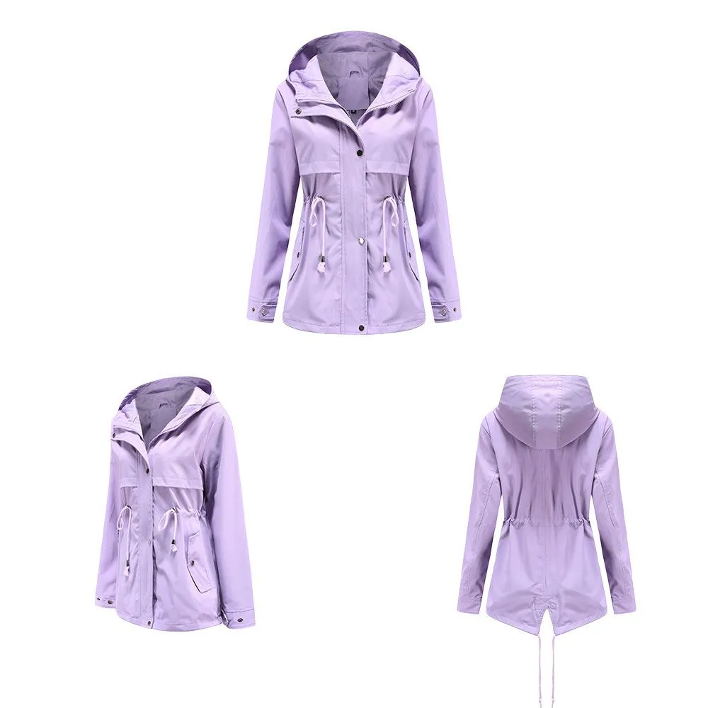Women hoodie waist laces outdoor trench coat with pockets