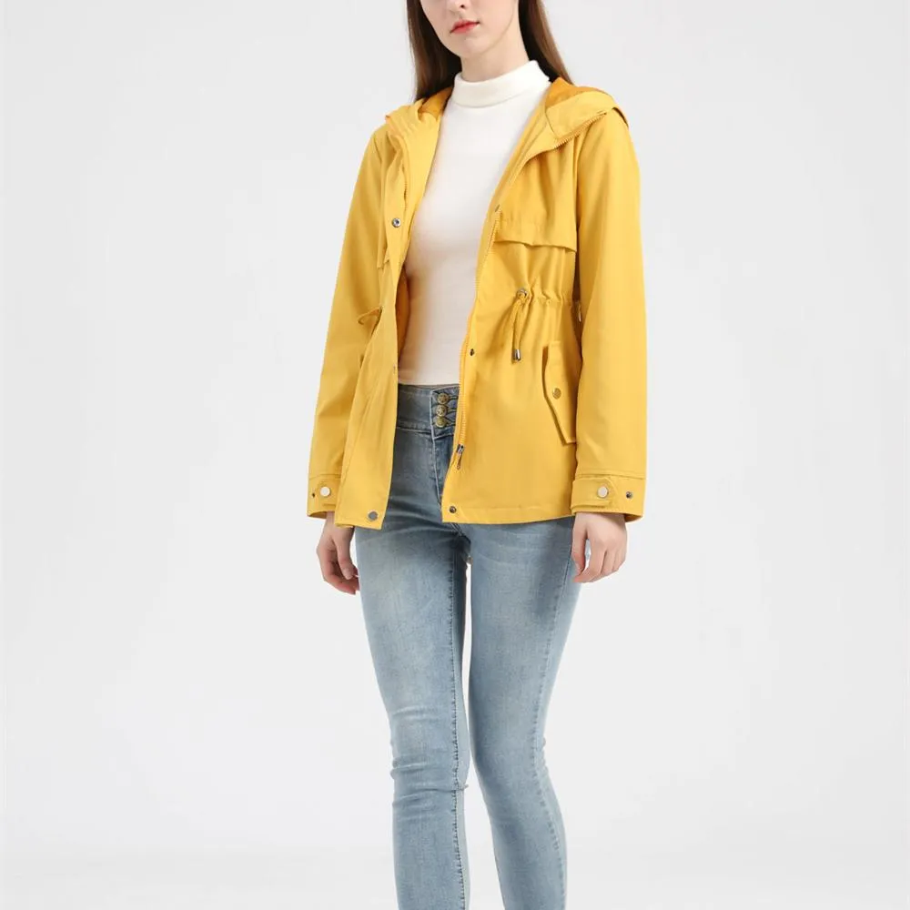 Women hoodie waist laces outdoor trench coat with pockets
