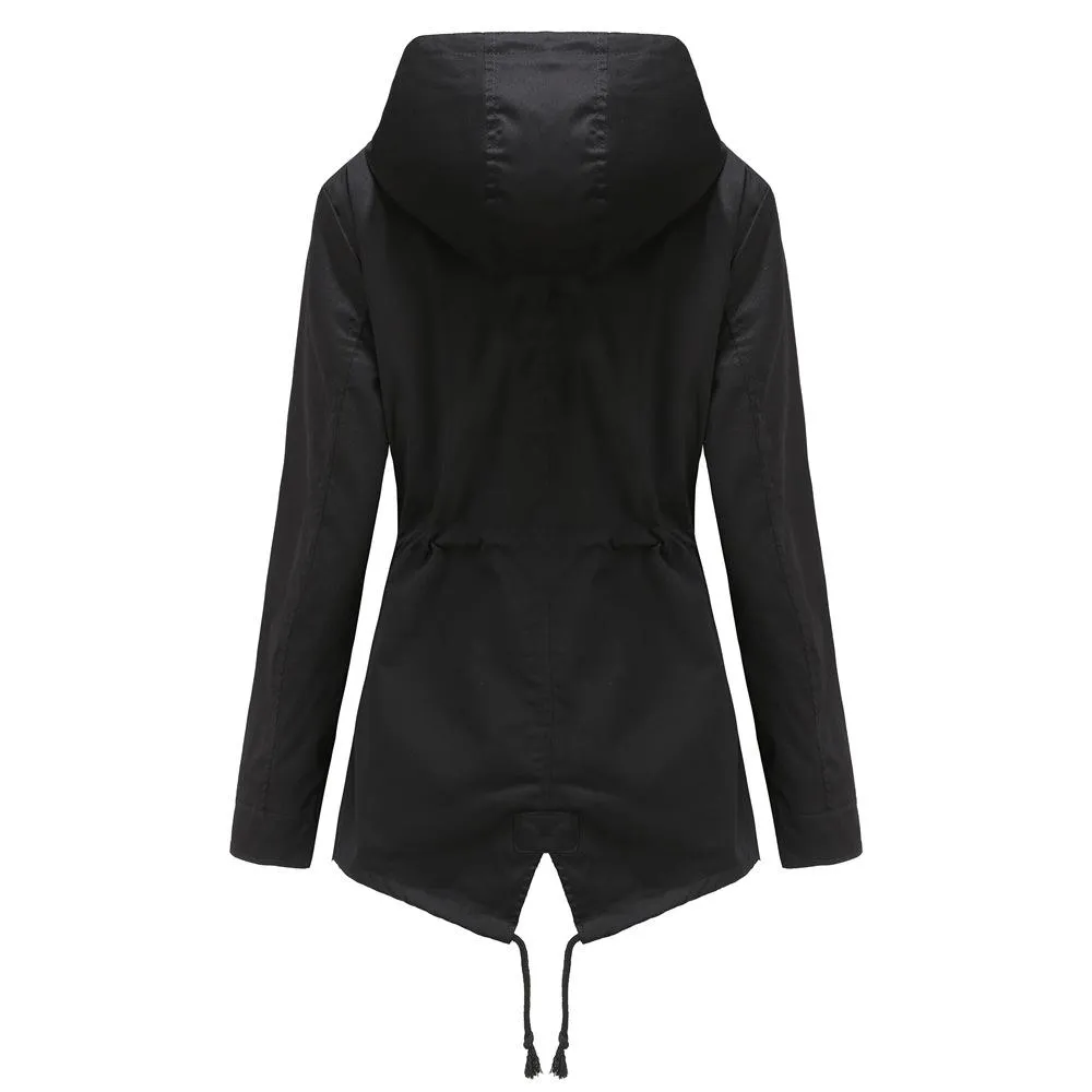 Women hoodie waist laces outdoor trench coat with pockets