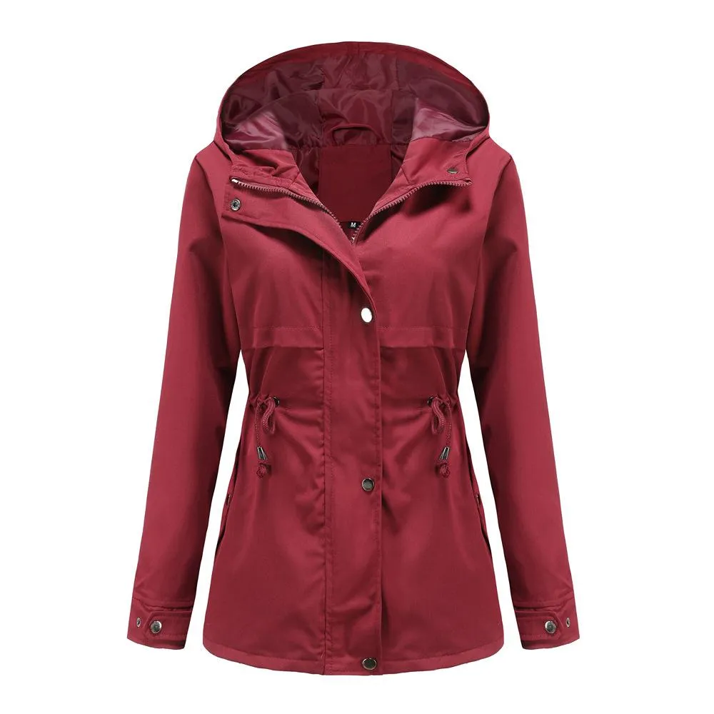 Women hoodie waist laces outdoor trench coat with pockets