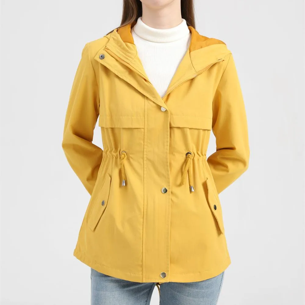 Women hoodie waist laces outdoor trench coat with pockets