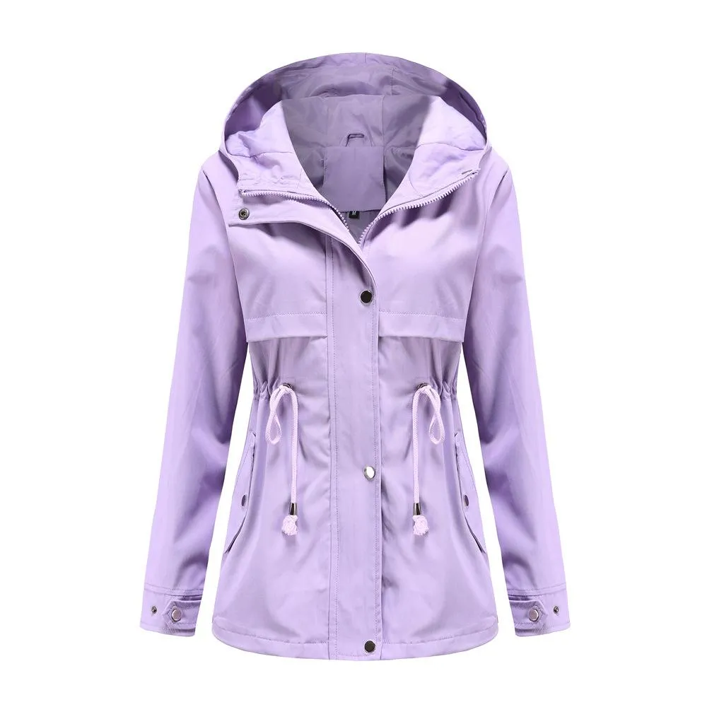 Women hoodie waist laces outdoor trench coat with pockets