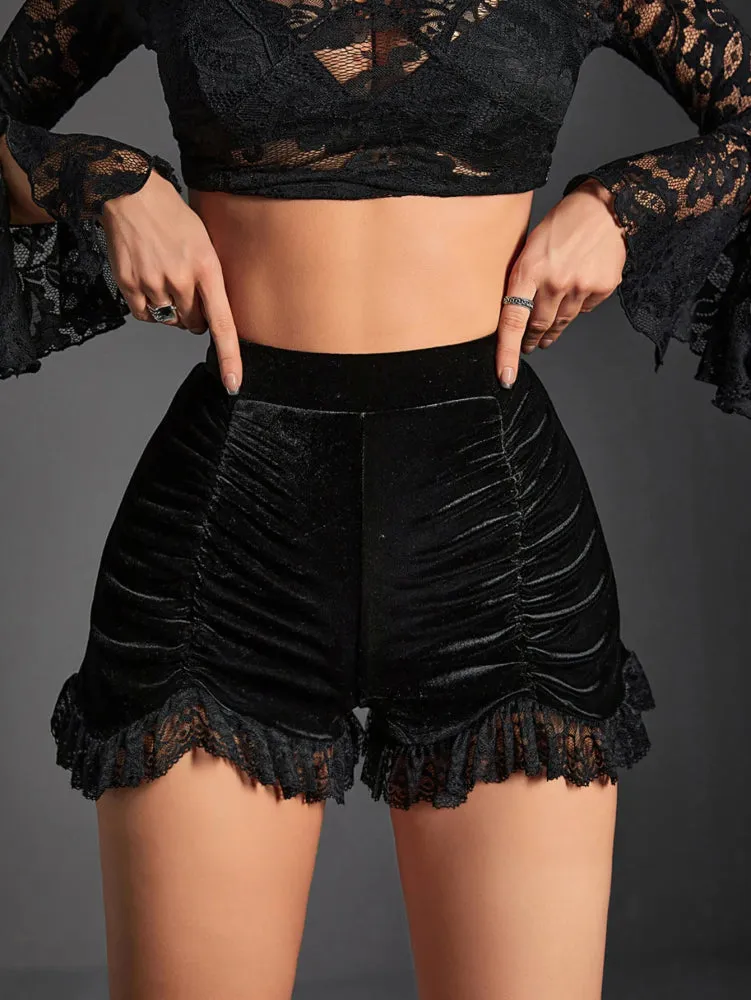 Womens Black Velvet Ruched Shorts
