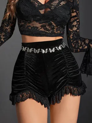Womens Black Velvet Ruched Shorts