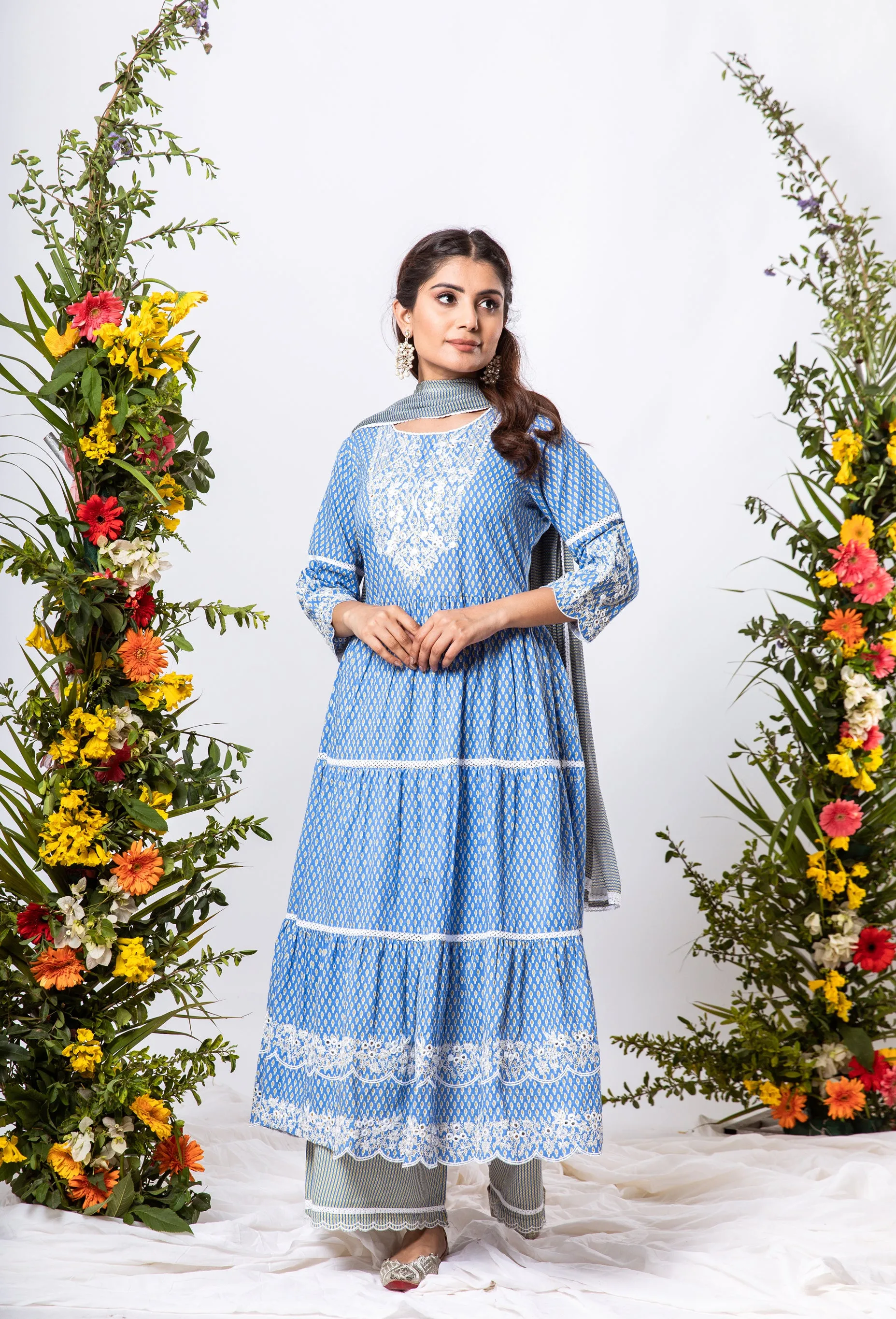 Womens Cotton Blue Tiered Kurta Palazzo and Dupatta Set