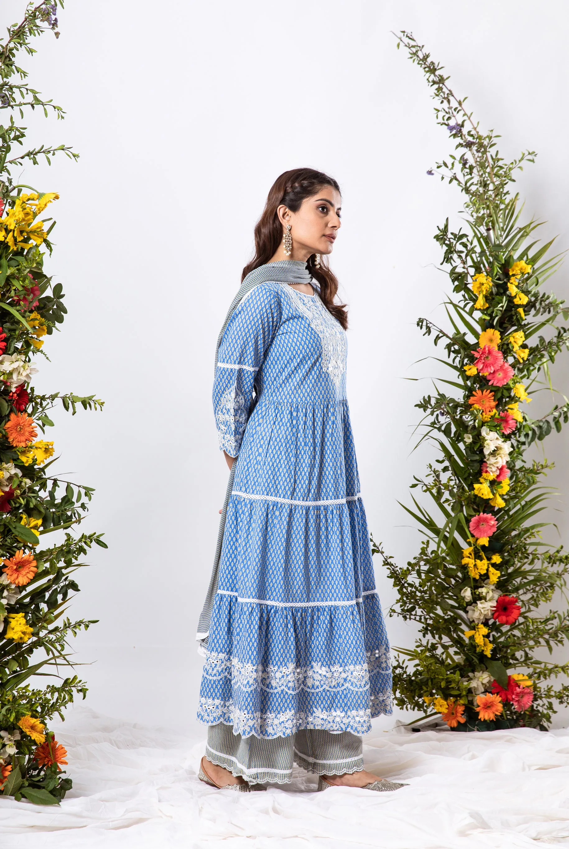 Womens Cotton Blue Tiered Kurta Palazzo and Dupatta Set