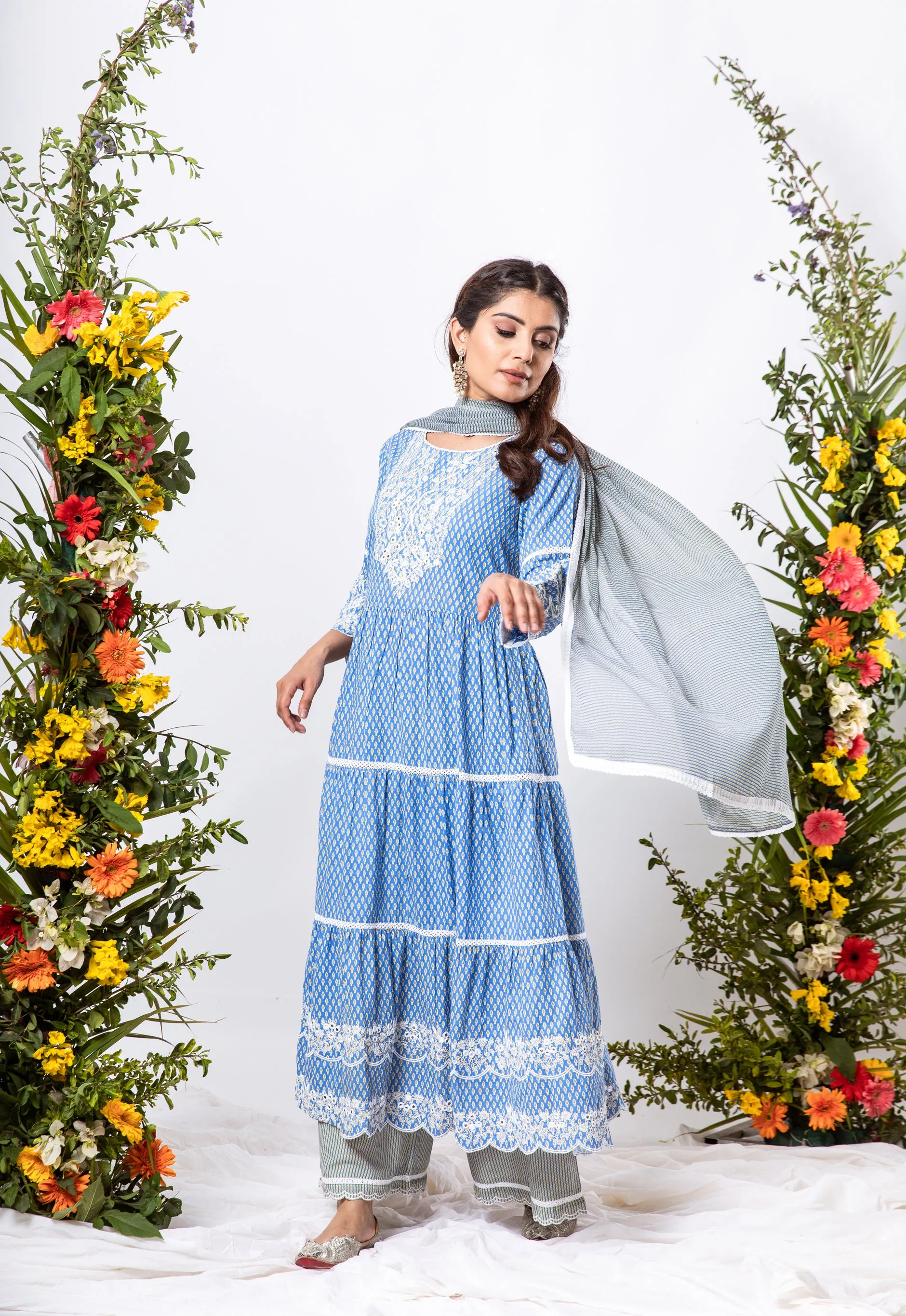 Womens Cotton Blue Tiered Kurta Palazzo and Dupatta Set