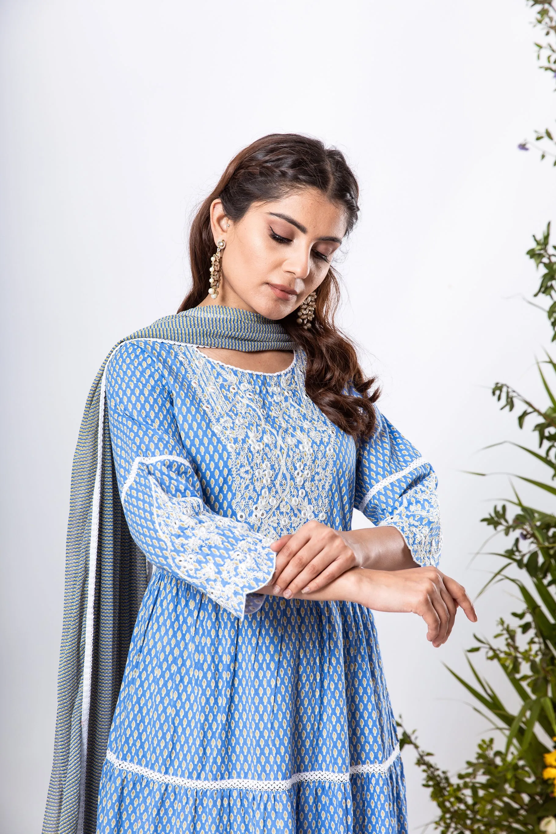 Womens Cotton Blue Tiered Kurta Palazzo and Dupatta Set