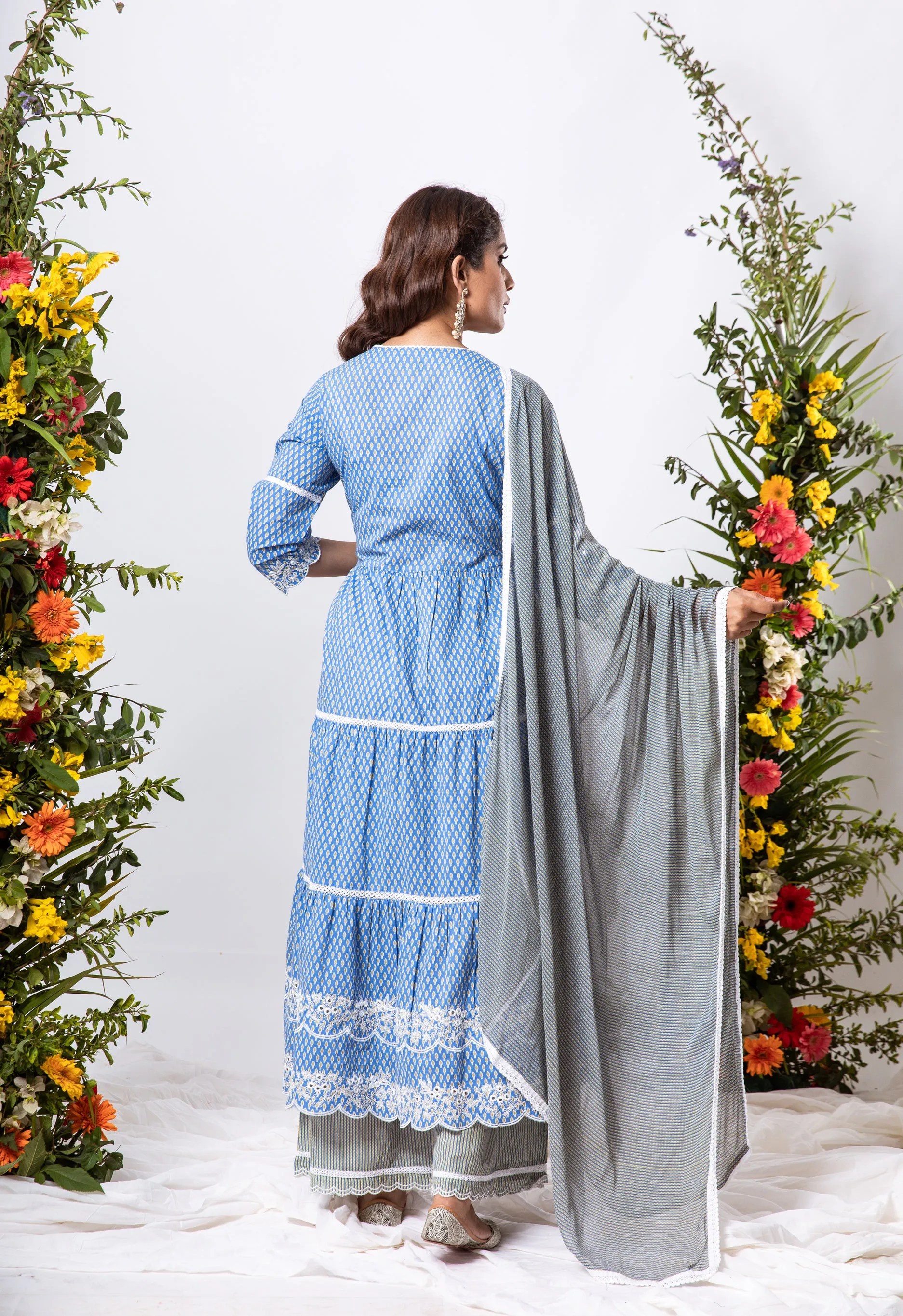 Womens Cotton Blue Tiered Kurta Palazzo and Dupatta Set
