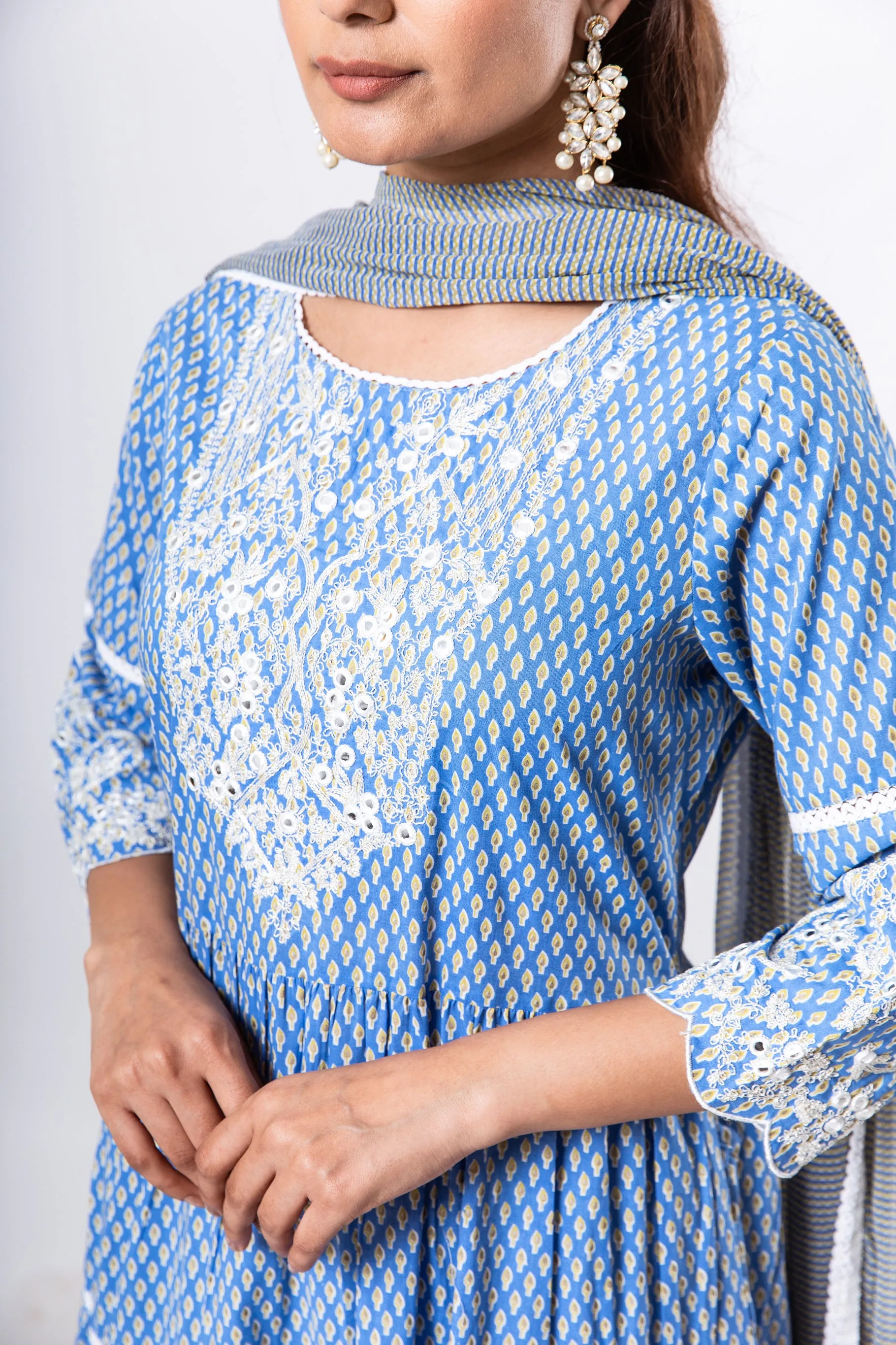 Womens Cotton Blue Tiered Kurta Palazzo and Dupatta Set