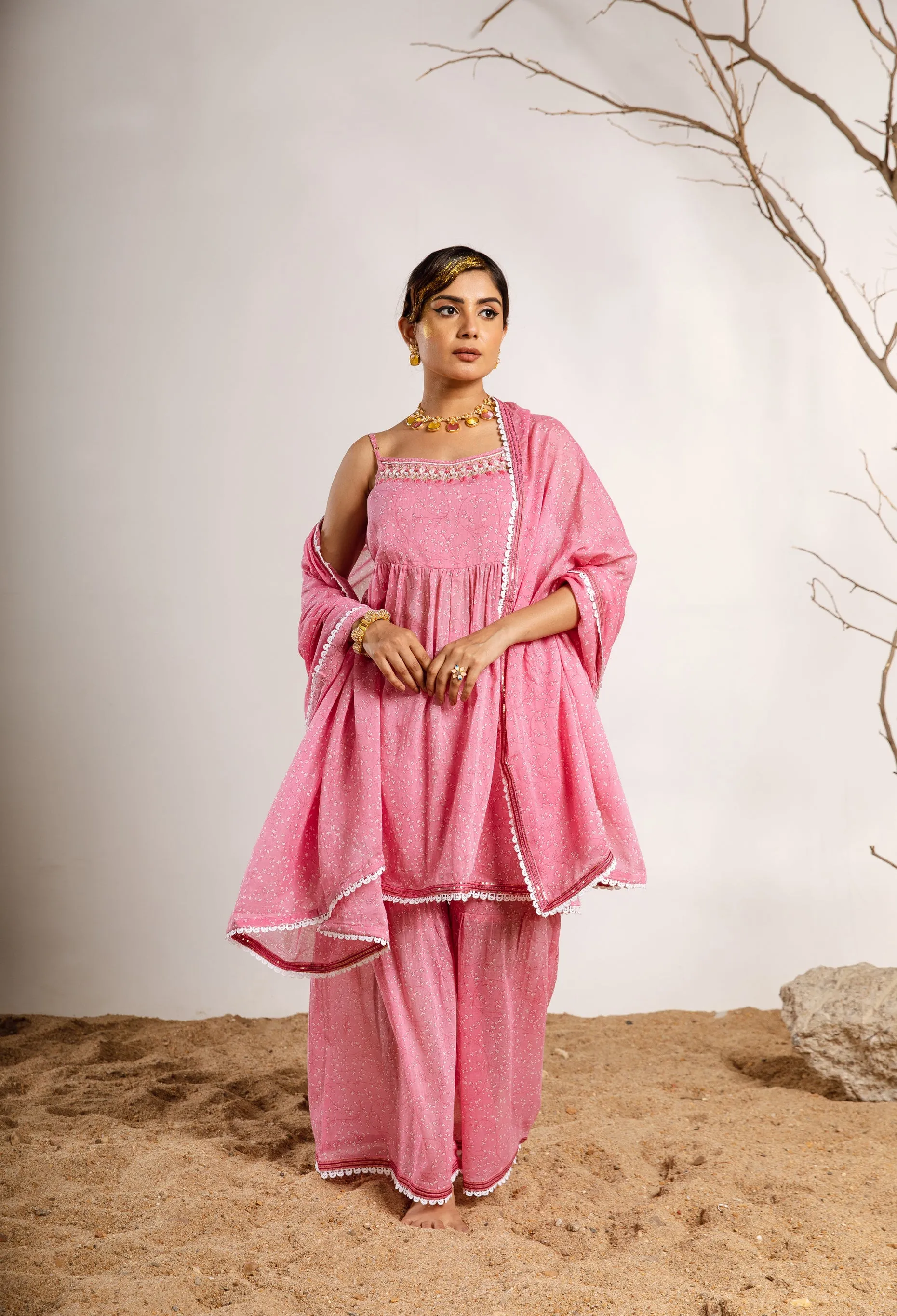 Womens Cotton Pink A-line Kurta Sharara and Dupatta With Fancy Potli Set