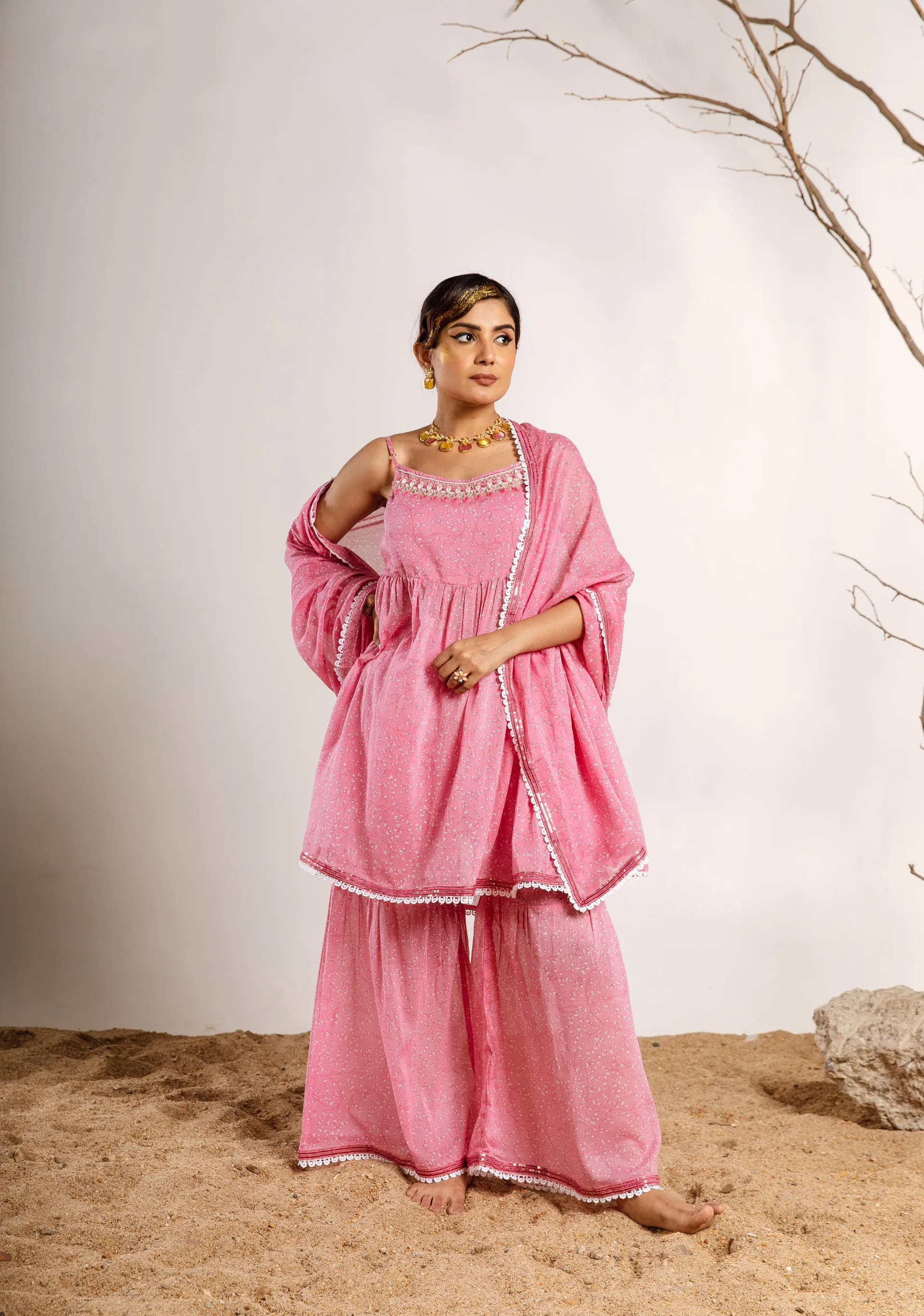 Womens Cotton Pink A-line Kurta Sharara and Dupatta With Fancy Potli Set