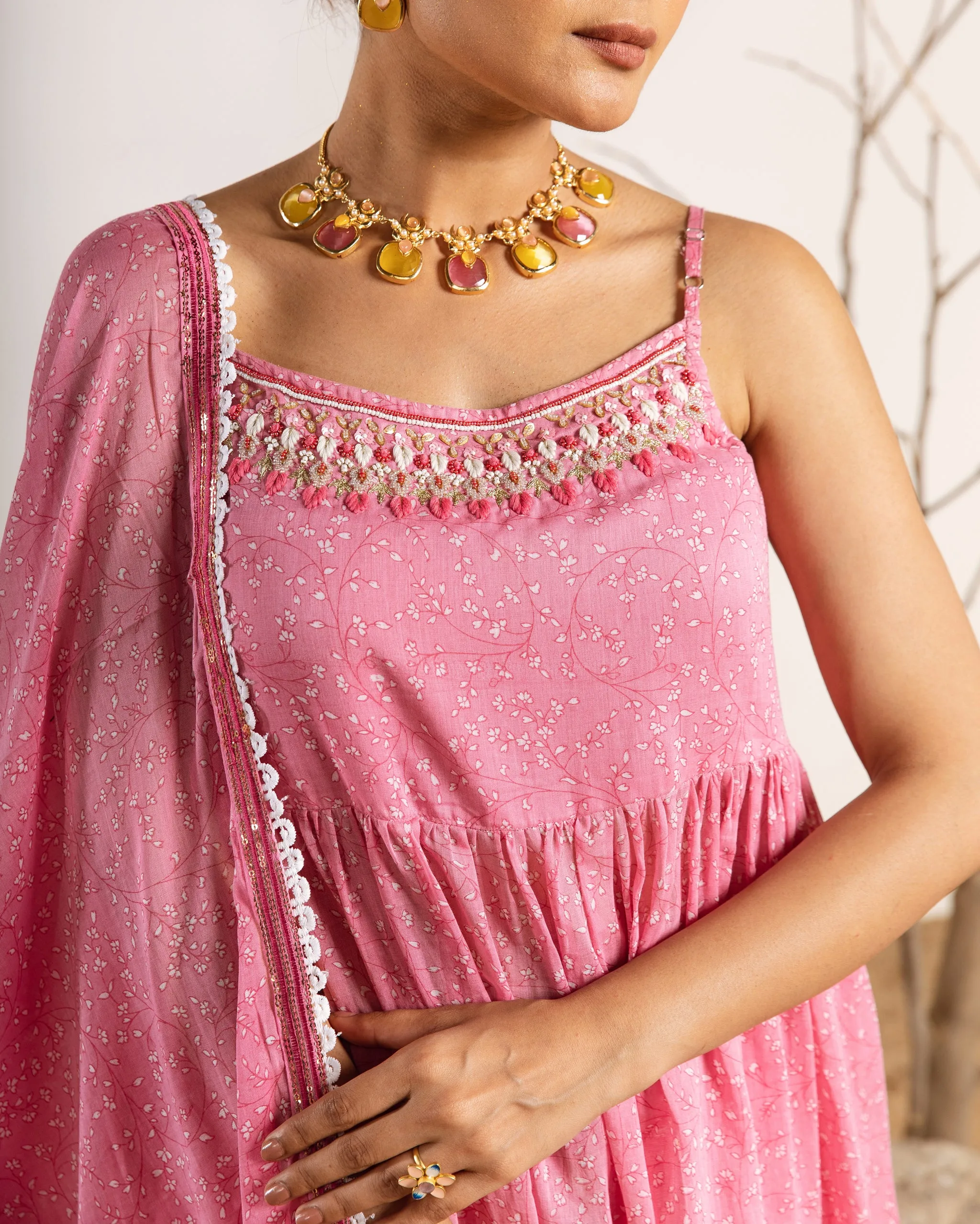 Womens Cotton Pink A-line Kurta Sharara and Dupatta With Fancy Potli Set