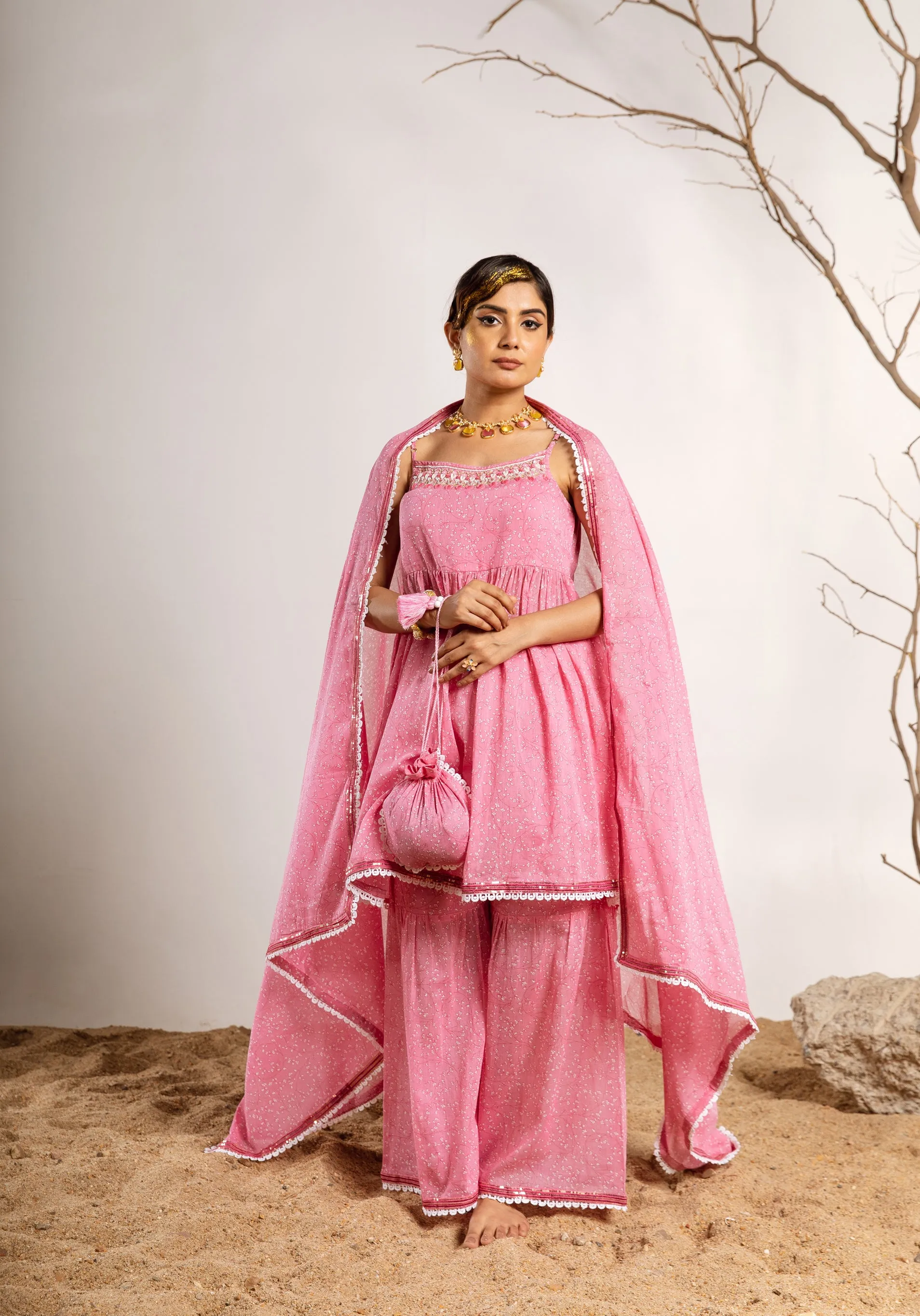 Womens Cotton Pink A-line Kurta Sharara and Dupatta With Fancy Potli Set
