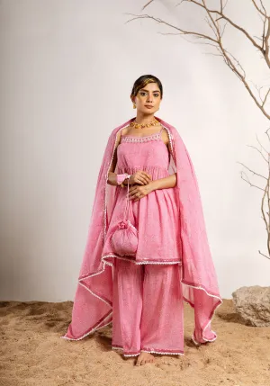 Womens Cotton Pink A-line Kurta Sharara and Dupatta With Fancy Potli Set
