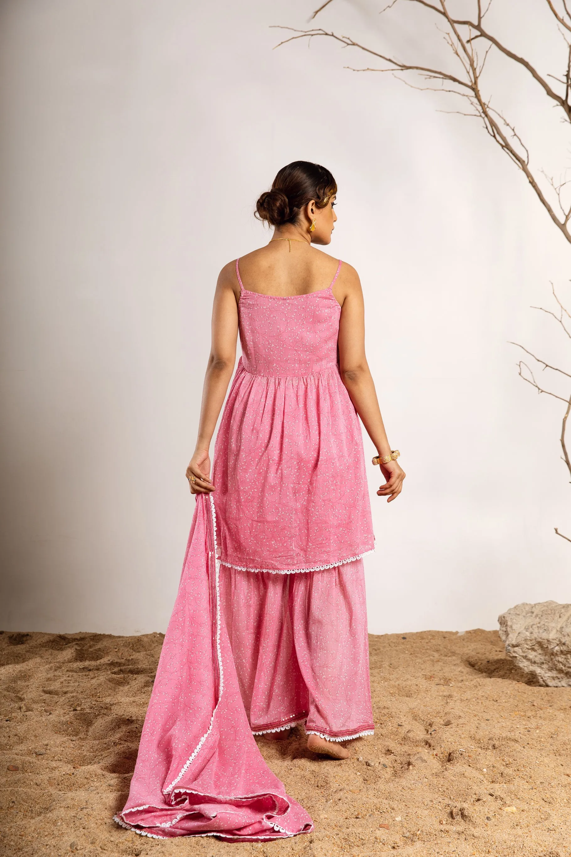 Womens Cotton Pink A-line Kurta Sharara and Dupatta With Fancy Potli Set