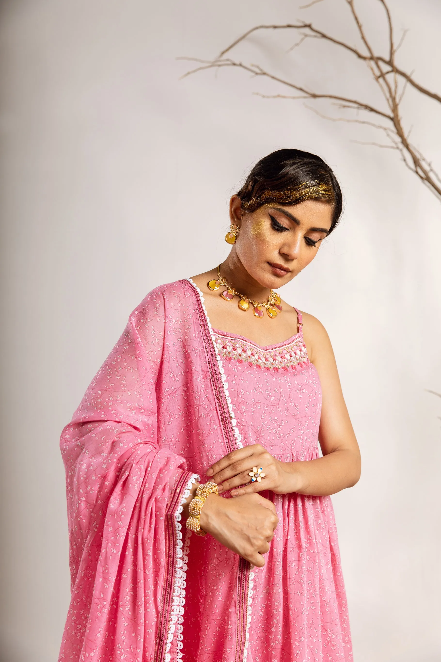 Womens Cotton Pink A-line Kurta Sharara and Dupatta With Fancy Potli Set
