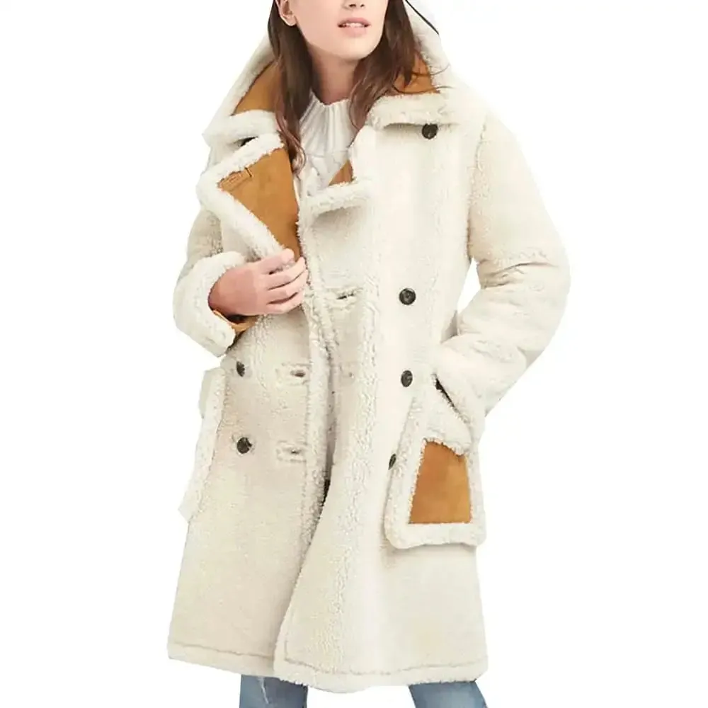 Women's Double Breasted White Shearling Coat Elegant & Cozy