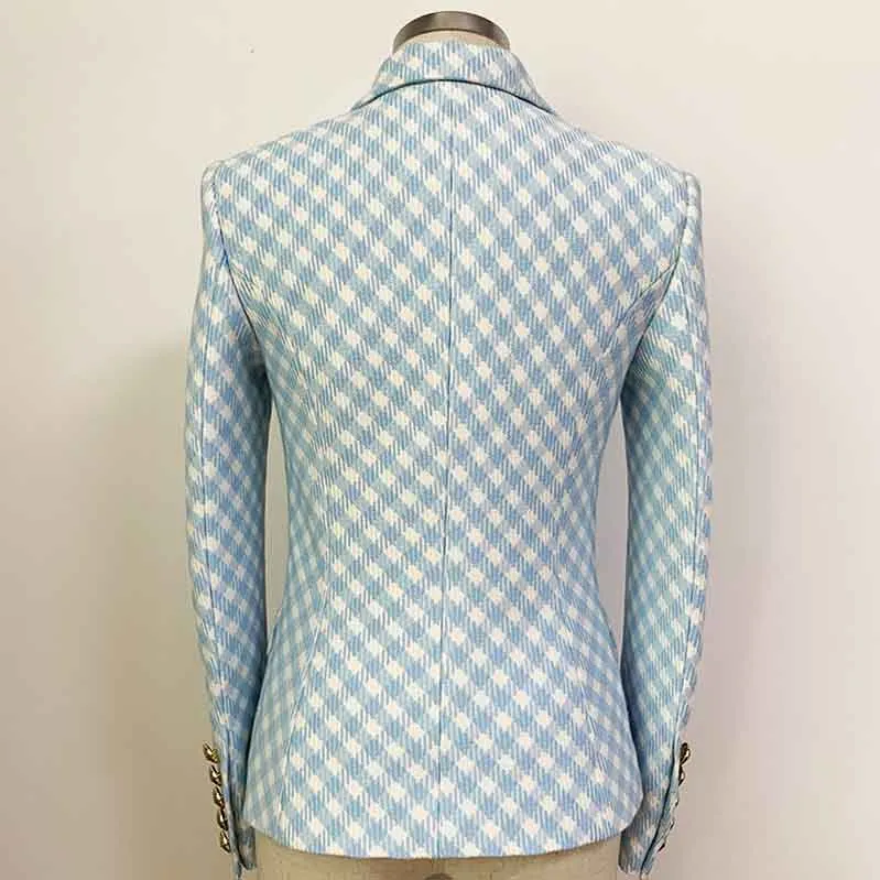 Women's Fitted Golden Lion Buttons Luxury Blue Checked Blazer