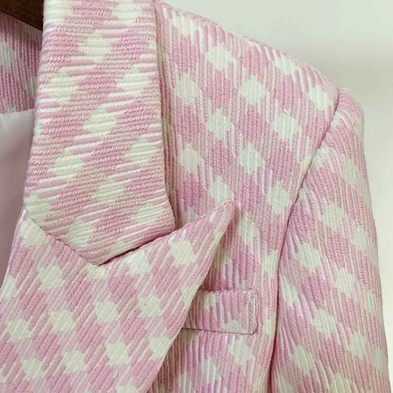 Women's Fitted Golden Lion Buttons Luxury Blue Checked Blazer