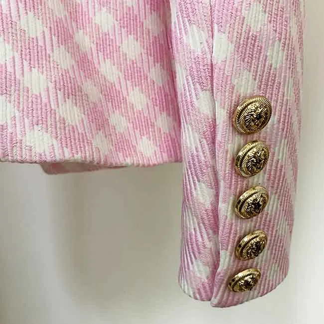 Women's Fitted Golden Lion Buttons Luxury Blue Checked Blazer