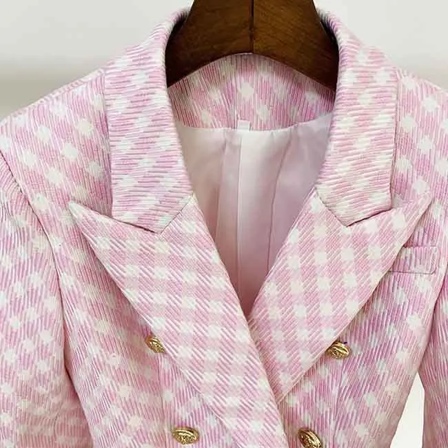 Women's Fitted Golden Lion Buttons Luxury Blue Checked Blazer