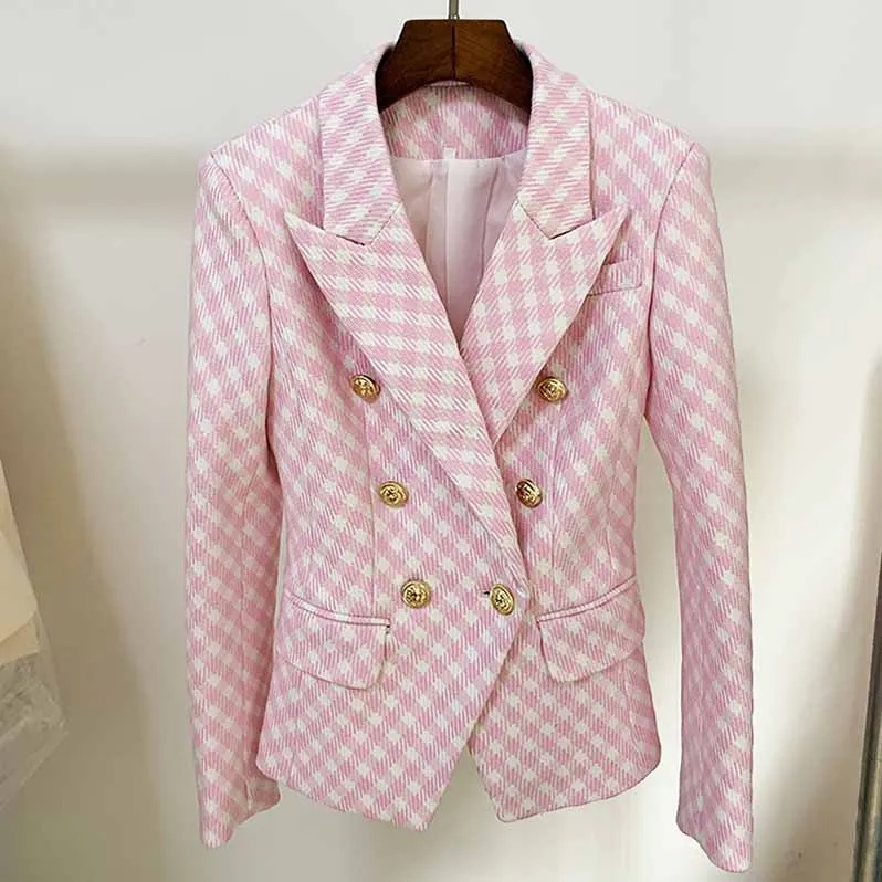 Women's Fitted Golden Lion Buttons Luxury Blue Checked Blazer