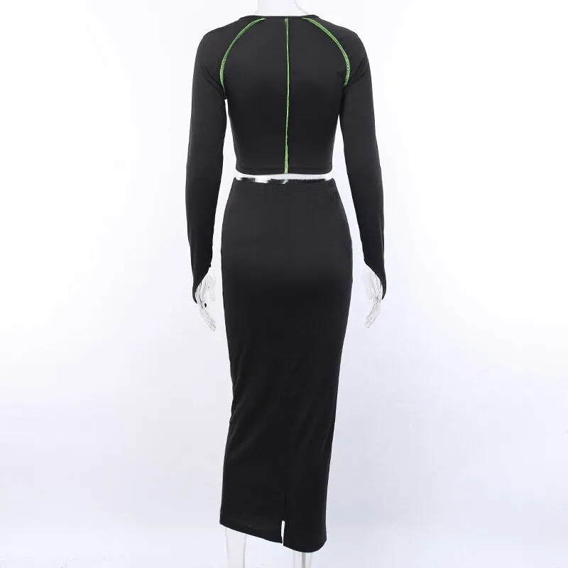 Women's Long Sleeve Elastic Skinny Two-Piece Dress With Stripes