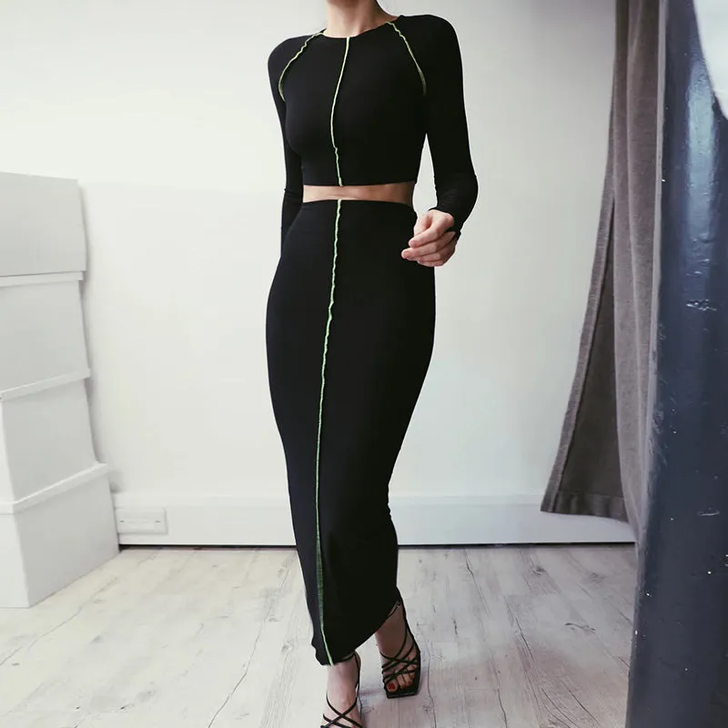 Women's Long Sleeve Elastic Skinny Two-Piece Dress With Stripes