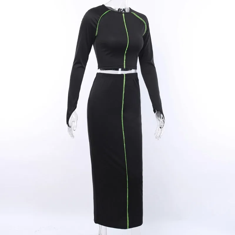 Women's Long Sleeve Elastic Skinny Two-Piece Dress With Stripes