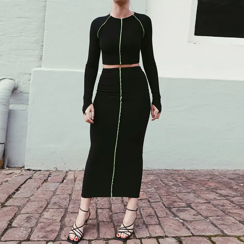 Women's Long Sleeve Elastic Skinny Two-Piece Dress With Stripes