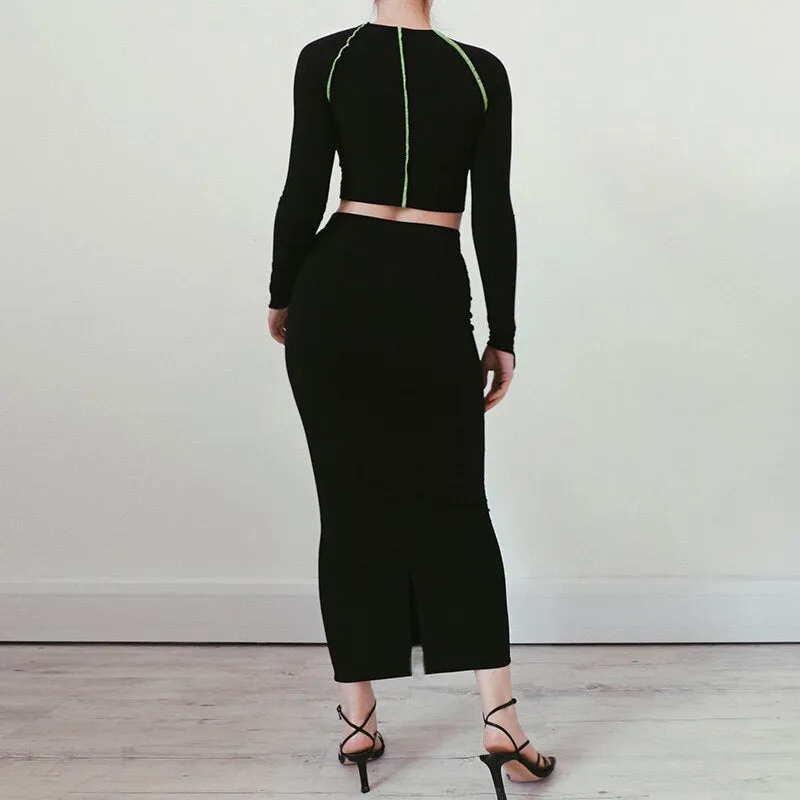 Women's Long Sleeve Elastic Skinny Two-Piece Dress With Stripes