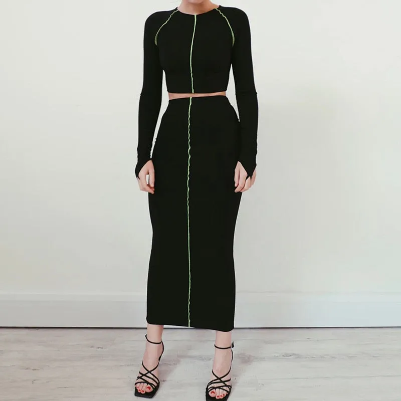 Women's Long Sleeve Elastic Skinny Two-Piece Dress With Stripes
