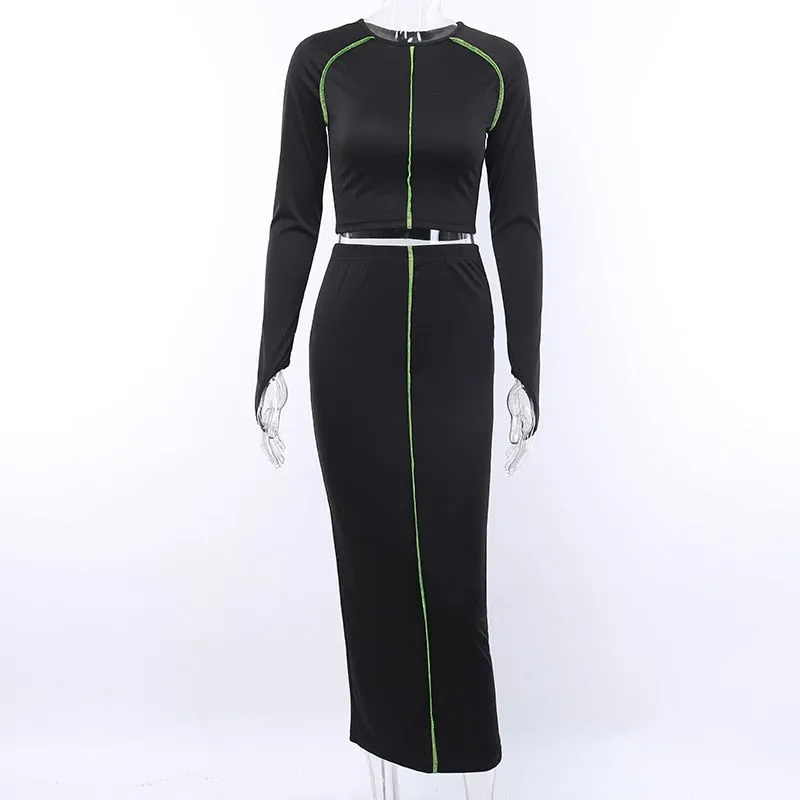 Women's Long Sleeve Elastic Skinny Two-Piece Dress With Stripes