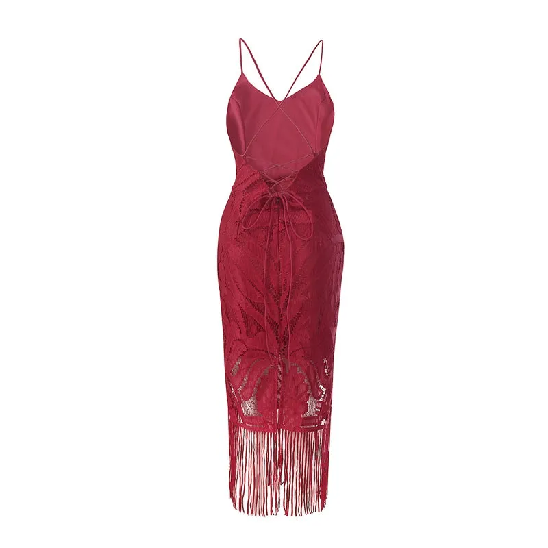 Women's Summer Backless V-Neck Slim Lace Midi Dress With Tassels