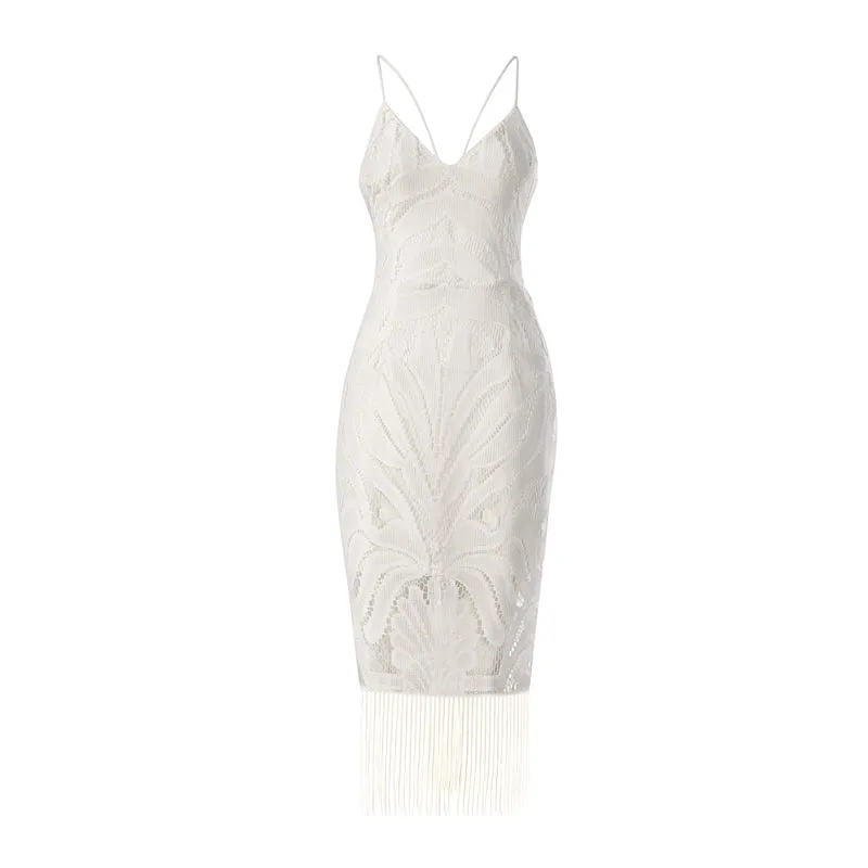 Women's Summer Backless V-Neck Slim Lace Midi Dress With Tassels