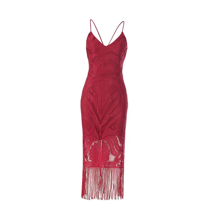 Women's Summer Backless V-Neck Slim Lace Midi Dress With Tassels