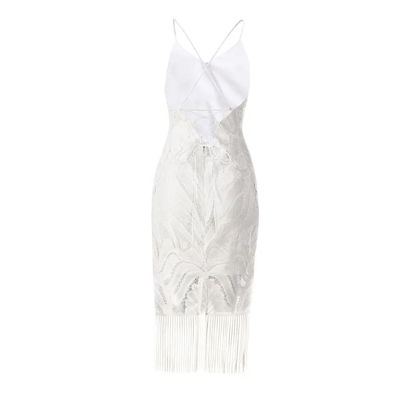 Women's Summer Backless V-Neck Slim Lace Midi Dress With Tassels