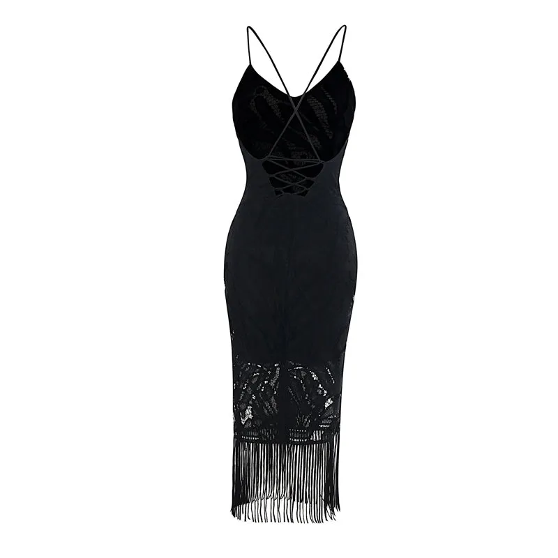 Women's Summer Backless V-Neck Slim Lace Midi Dress With Tassels