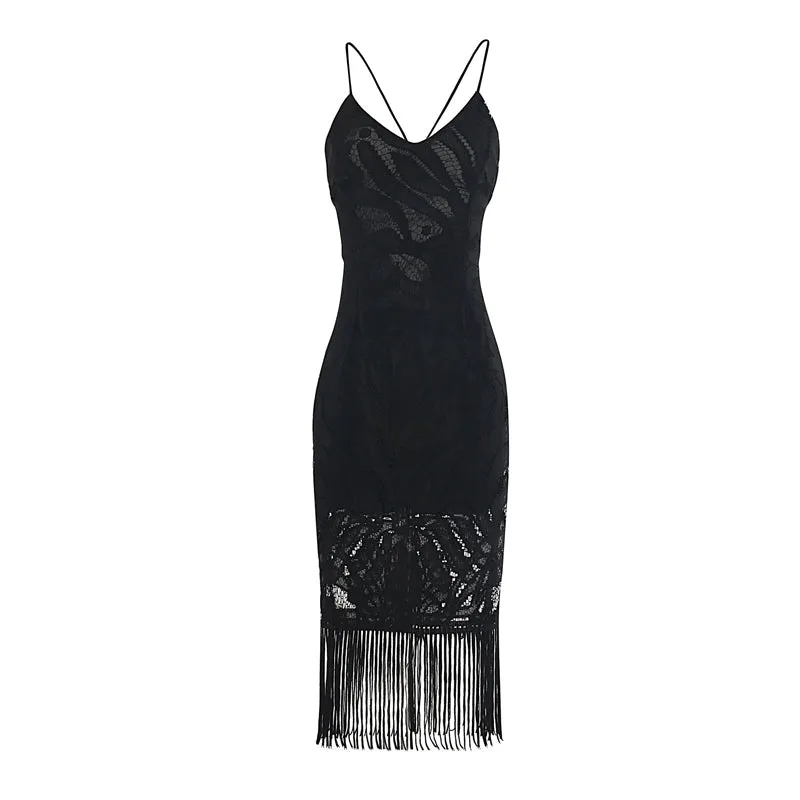 Women's Summer Backless V-Neck Slim Lace Midi Dress With Tassels