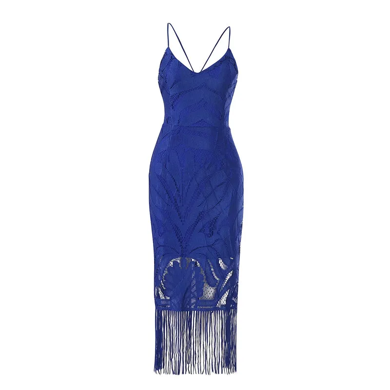 Women's Summer Backless V-Neck Slim Lace Midi Dress With Tassels