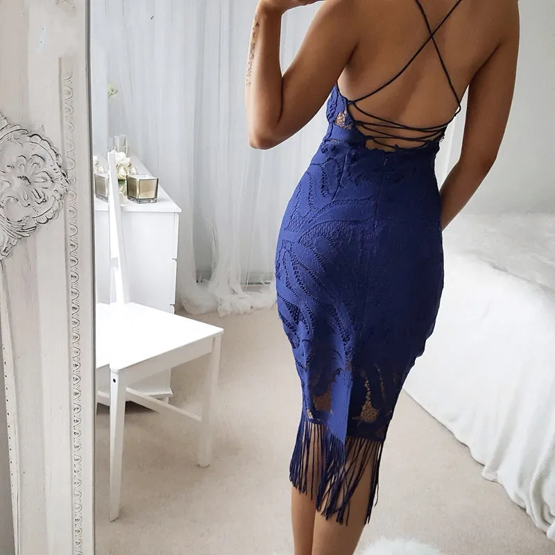 Women's Summer Backless V-Neck Slim Lace Midi Dress With Tassels