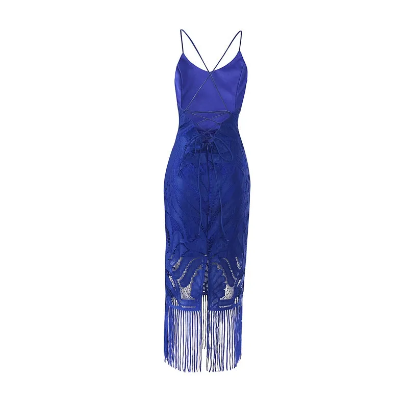 Women's Summer Backless V-Neck Slim Lace Midi Dress With Tassels