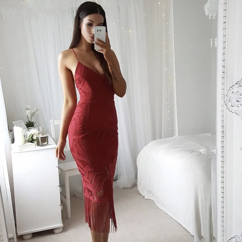 Women's Summer Backless V-Neck Slim Lace Midi Dress With Tassels