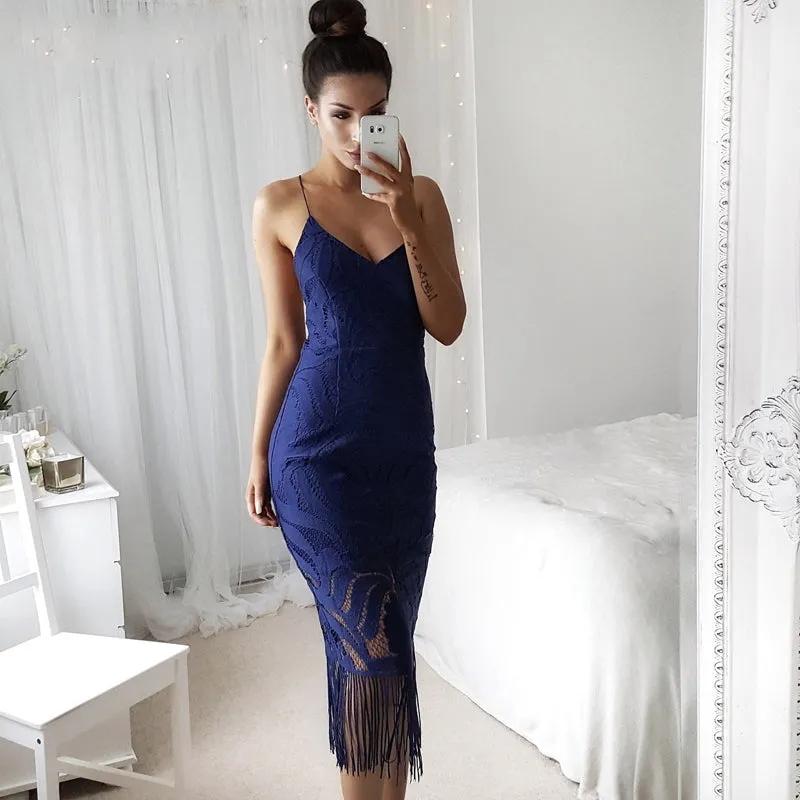 Women's Summer Backless V-Neck Slim Lace Midi Dress With Tassels