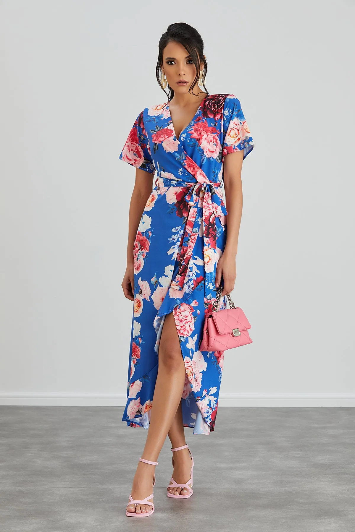 Wrap Midi Frill Skirt Dress in Sax Floral print